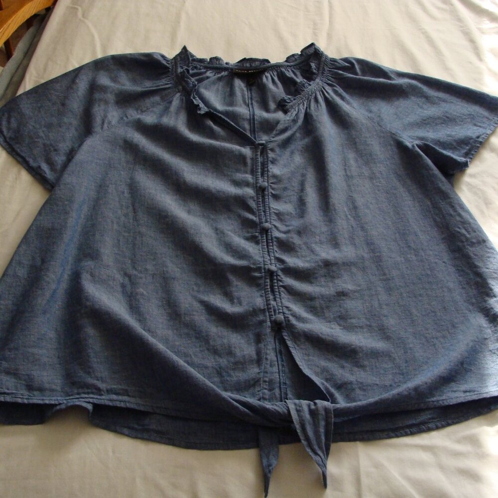 LANE BRYANT Chambray Blue Short Sleeve Tie Waist LINEN Blend BLOUSE Sz 18
